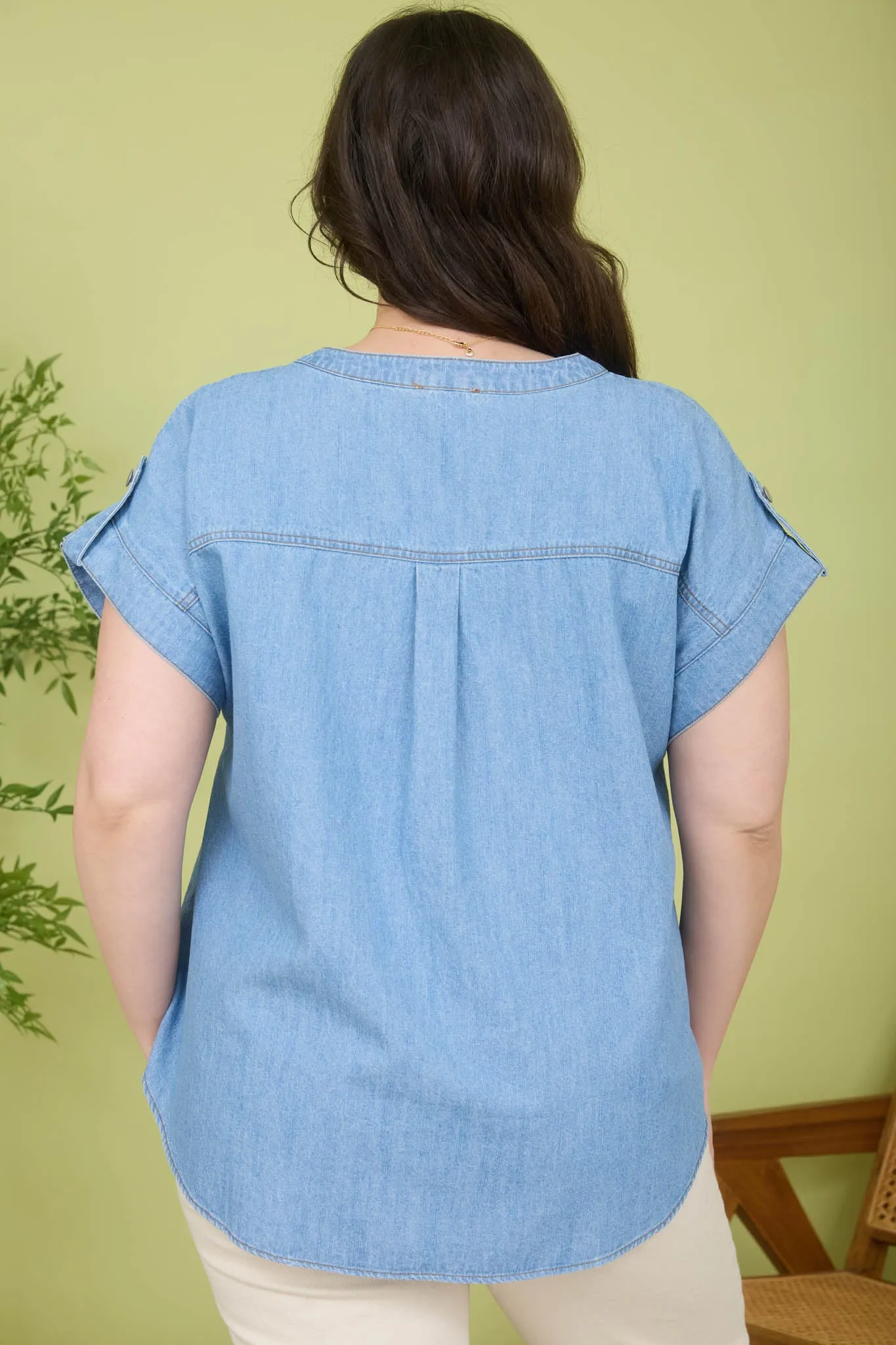 PLUS HALF BUTTON TAB SLEEVE CHAMBRAY TOP sold by Blu Pepper product image thumbnail 2