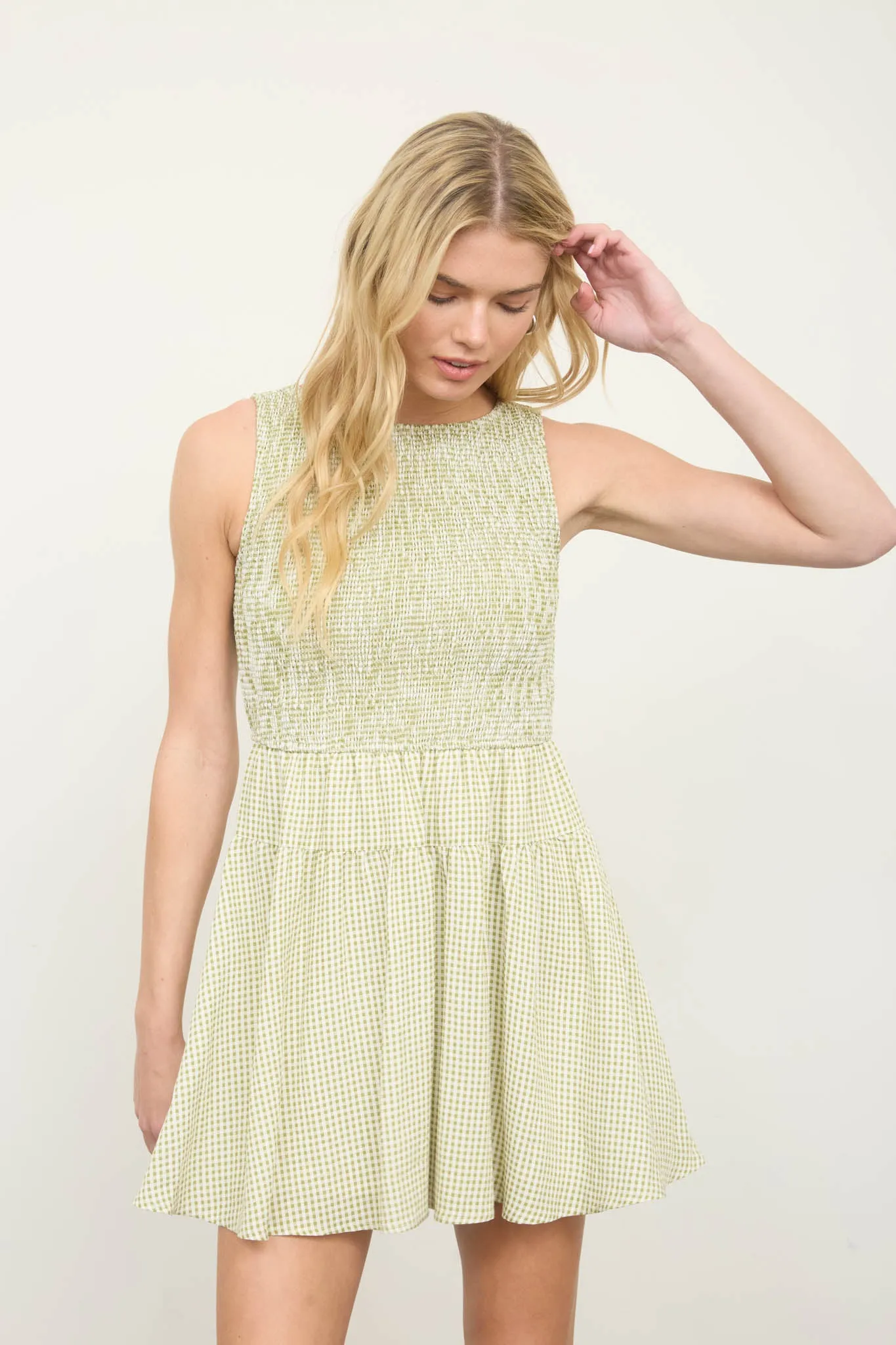 GINGHAM SLEEVELESS SMOCKED MINI DRESS (PRE-ORDER) sold by Blu Pepper product image thumbnail 4