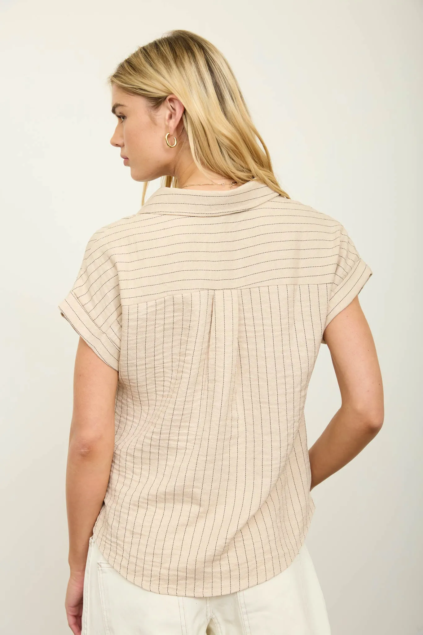 STRIPE COLLARED SHORT CUFF SLEEVE HALF BUTTON TOP sold by Blu Pepper product image thumbnail 2