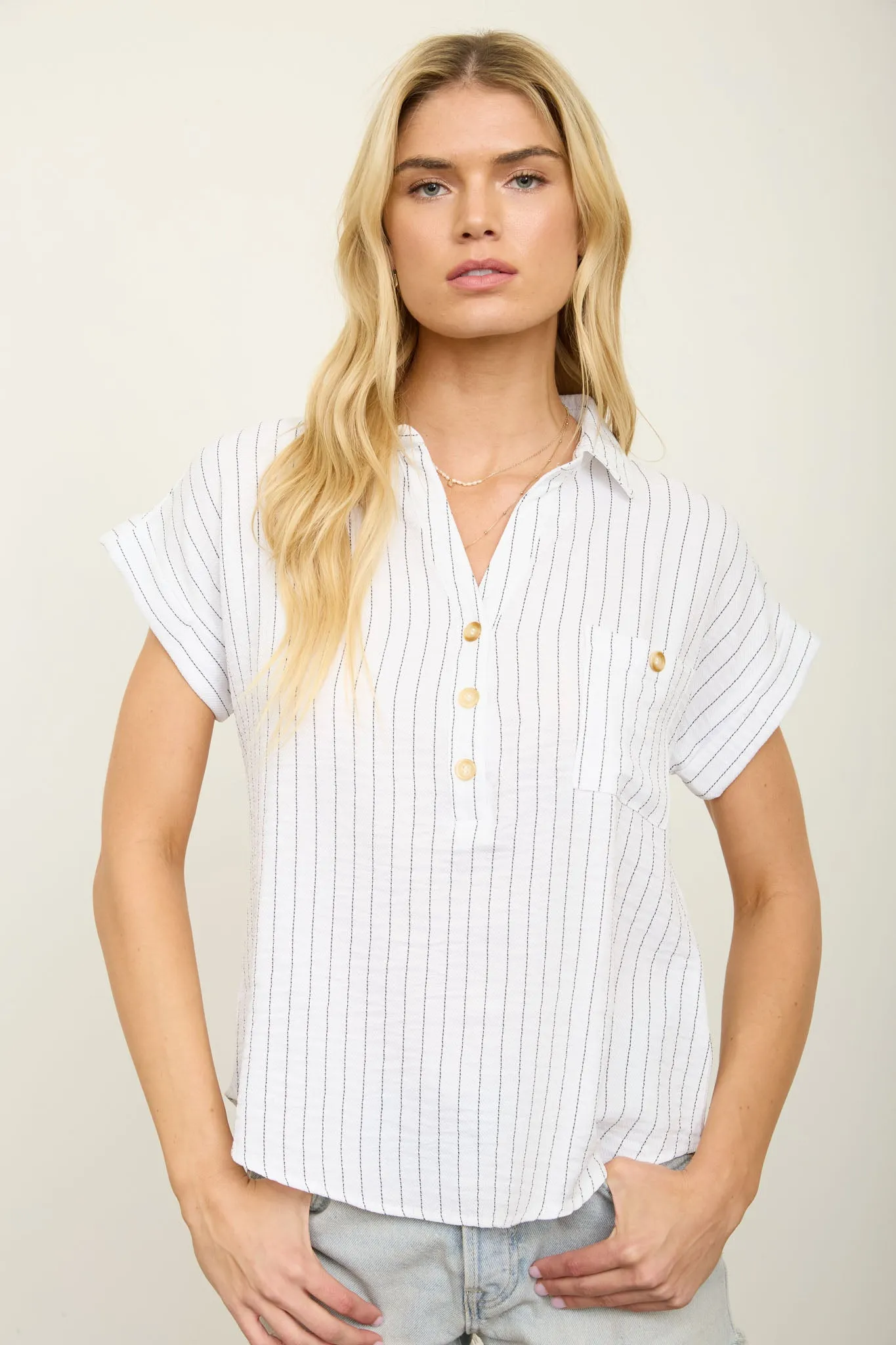 STRIPE COLLARED SHORT CUFF SLEEVE HALF BUTTON TOP sold by Blu Pepper product image thumbnail 5