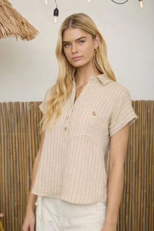 STRIPE COLLARED SHORT CUFF SLEEVE HALF BUTTON TOP sold by Blu Pepper
