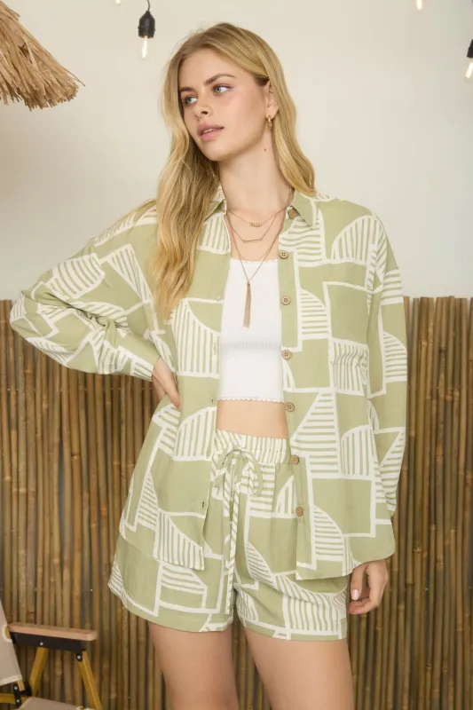 ABSTRACT PRINT COLLARED LONG SLEEVE SHIRT sold by Blu Pepper