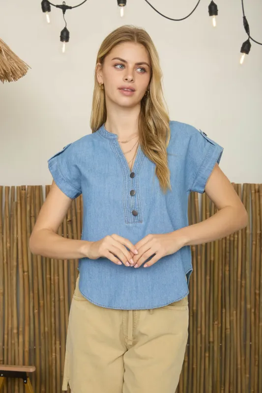 SPLIT NECK HALF BUTTON TAB SLEEVE CHAMBRAY TOP sold by Blu Pepper