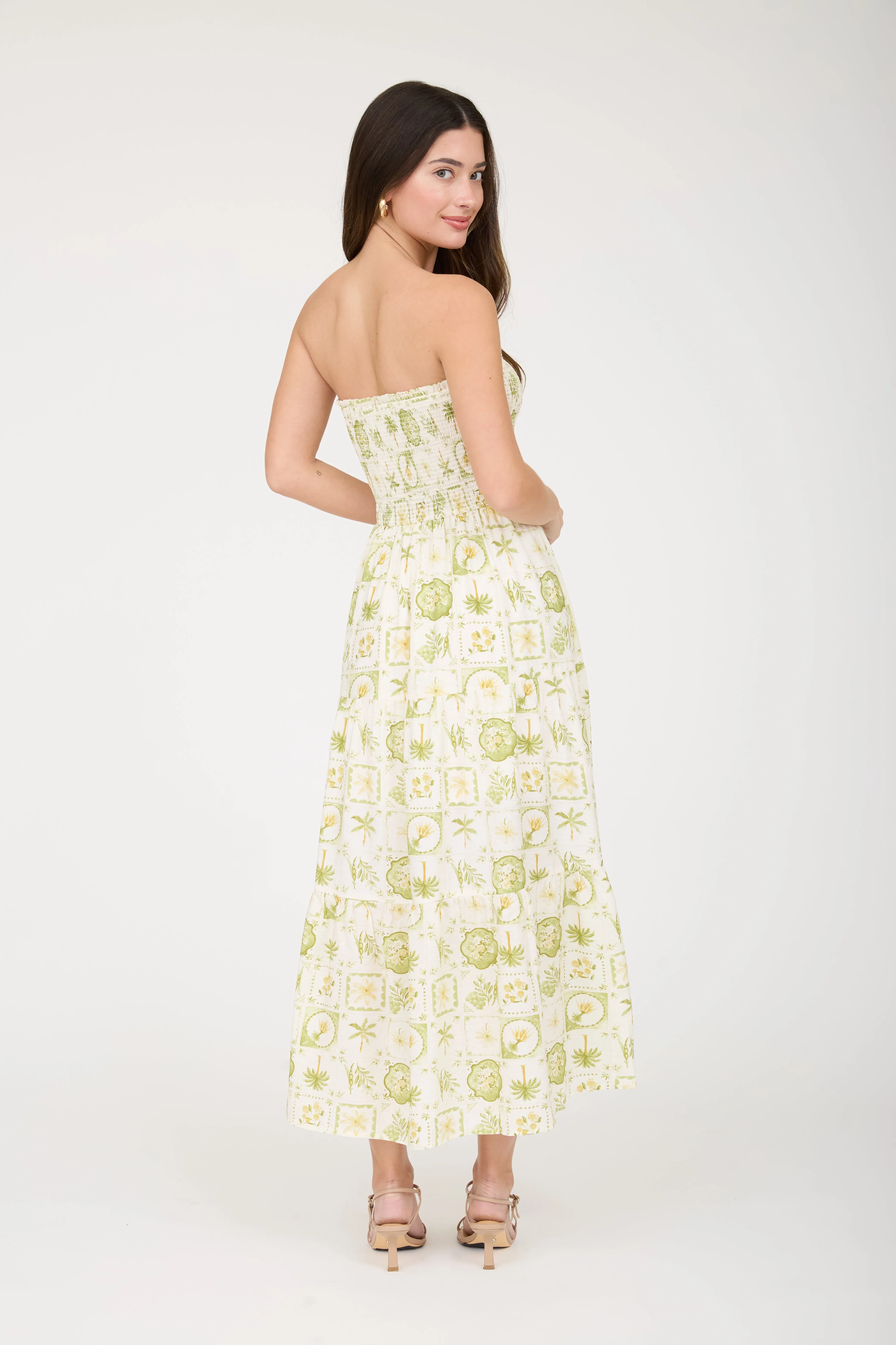 PLANT MOTIF SMOCKED STRAPLESS TIERED MIDI DRESS (PRE-ORDER) sold by Blu Pepper product image thumbnail 2