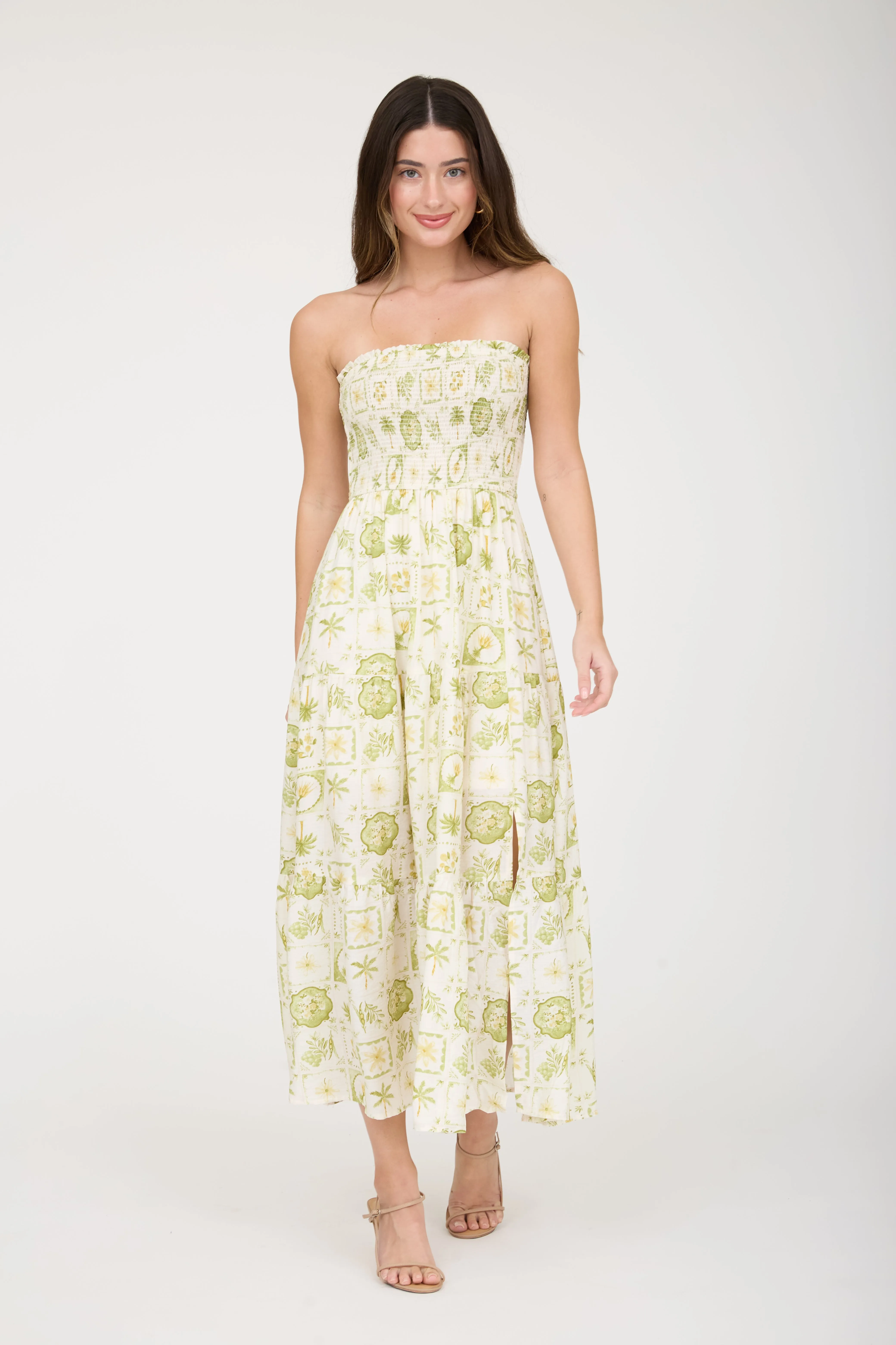 PLANT MOTIF SMOCKED STRAPLESS TIERED MIDI DRESS (PRE-ORDER) sold by Blu Pepper product image thumbnail 5