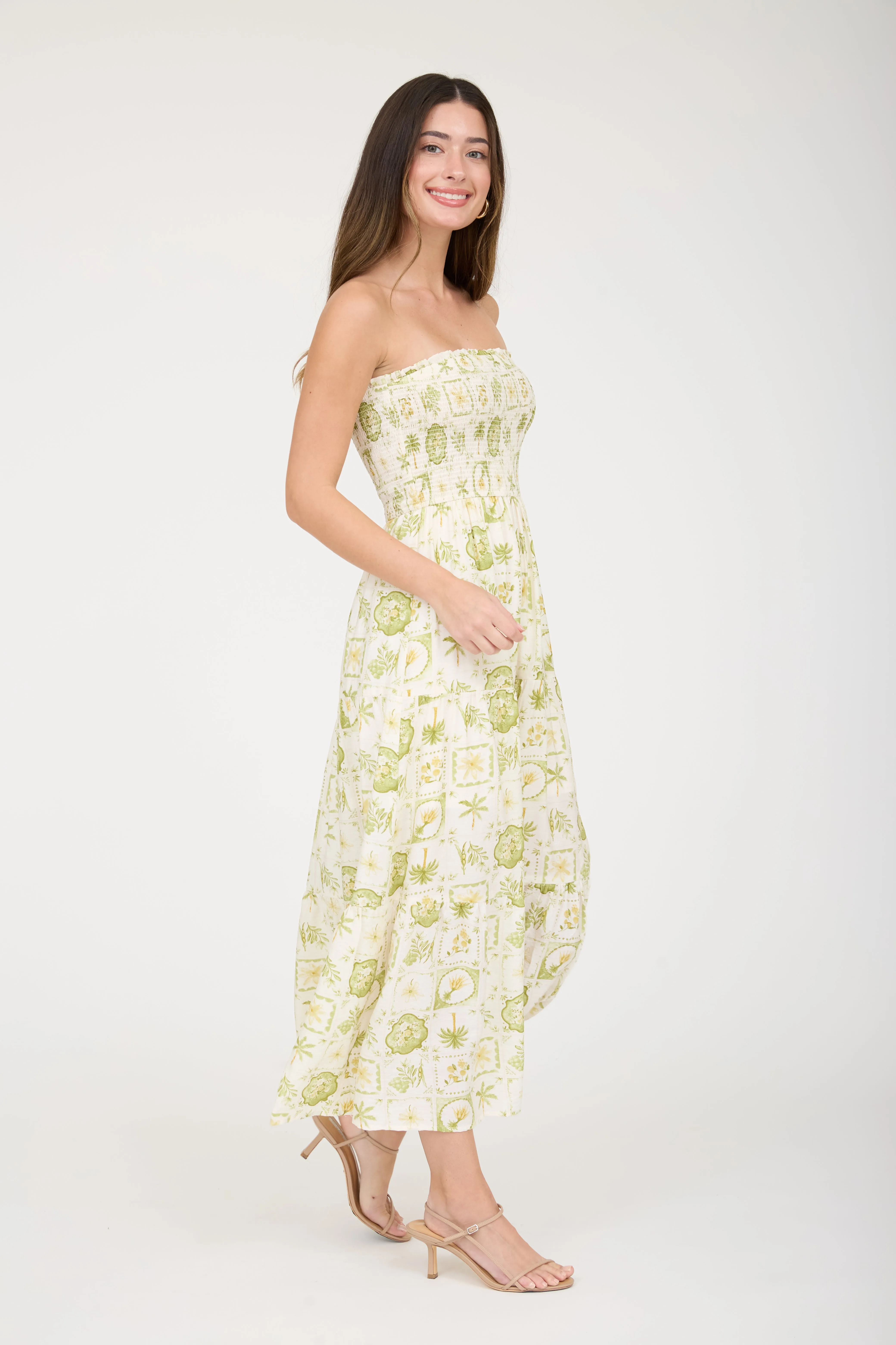 PLANT MOTIF SMOCKED STRAPLESS TIERED MIDI DRESS (PRE-ORDER) sold by Blu Pepper product image thumbnail 3