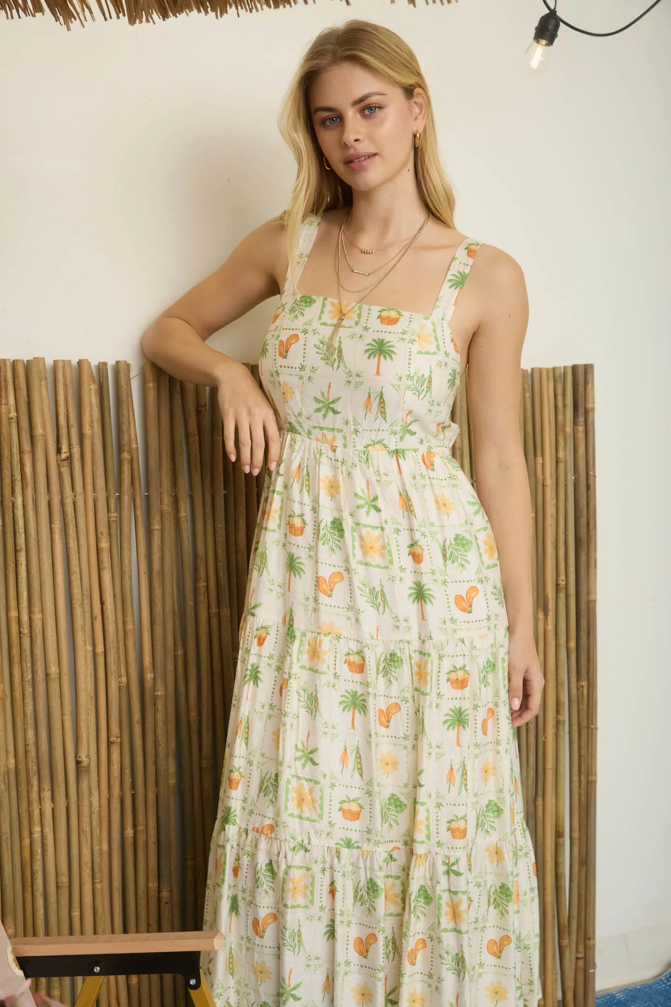 PARADISE MOTIF SPAGHETTI STRAP TIERED MAXI DRESS sold by Blu Pepper