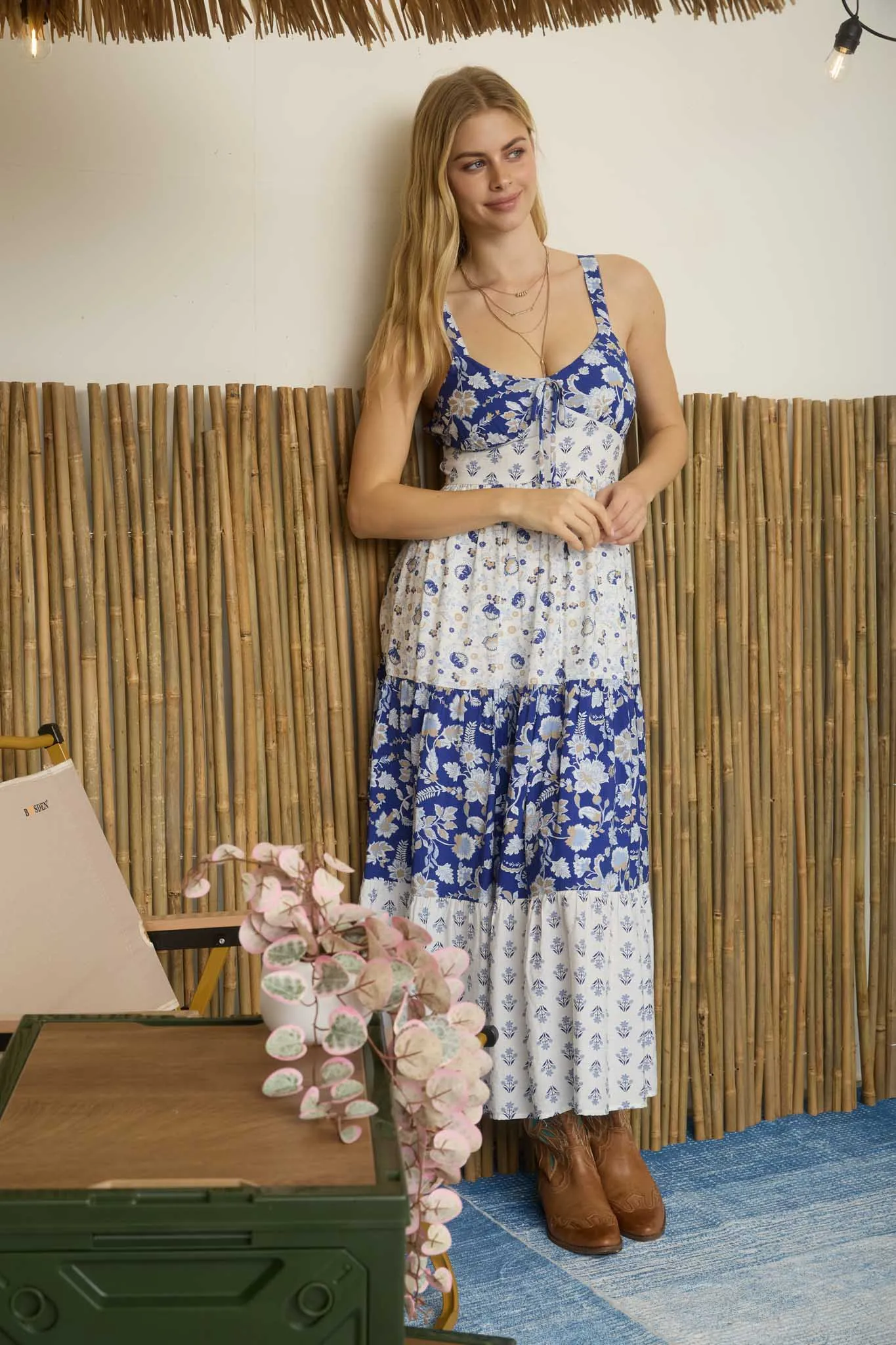 MIXED FLORAL PRINT SPAGHETTI TIERED MIDI DRESS sold by Blu Pepper product image thumbnail 4