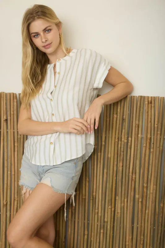 STRIPE BUTTON DOWN ROUND NECK SHORT SLEEVE SHIRT sold by Blu Pepper
