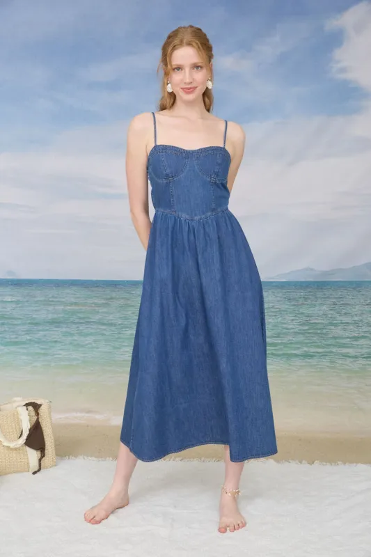SWEETHEART SPAGHETTI STRAP DENIM MIDI DRESS made by Blu Pepper