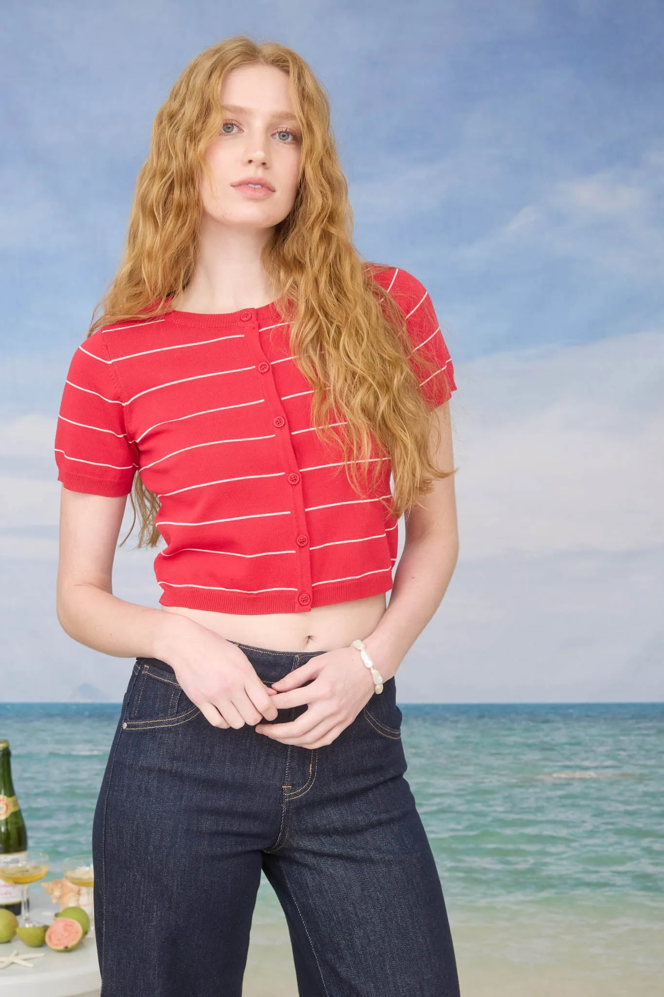 STRIPE SHORT SLEEVE BUTTON DOWN CROPPED CARDIGAN sold by Blu Pepper product image thumbnail 4