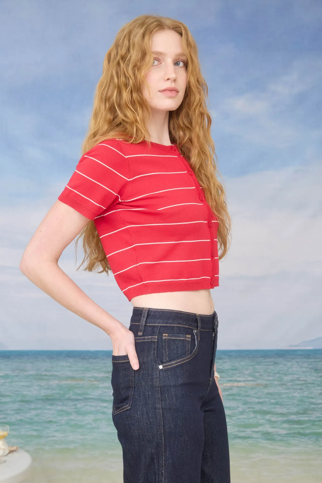 STRIPE SHORT SLEEVE BUTTON DOWN CROPPED CARDIGAN sold by Blu Pepper product image thumbnail 3