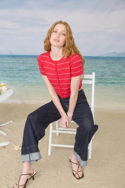 STRIPE SHORT SLEEVE BUTTON DOWN CROPPED CARDIGAN sold by Blu Pepper