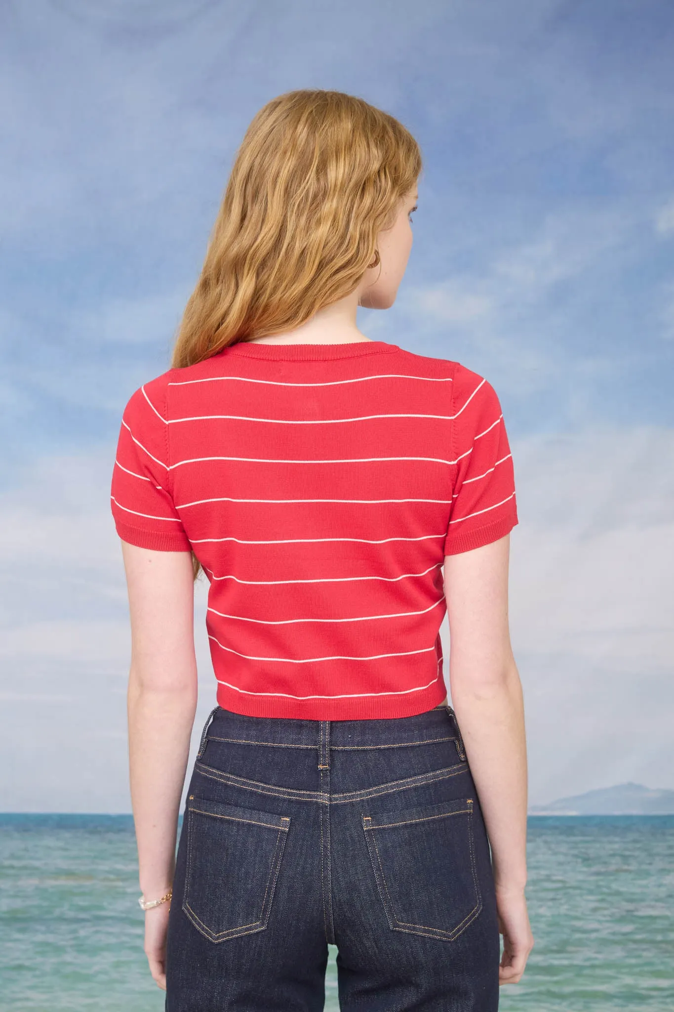 STRIPE SHORT SLEEVE BUTTON DOWN CROPPED CARDIGAN sold by Blu Pepper product image thumbnail 2