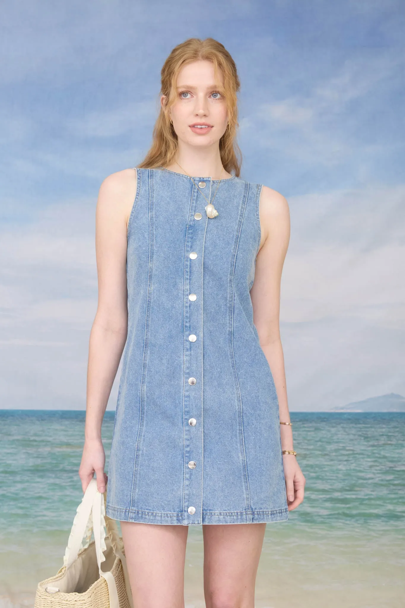 ROUND NECK SLEEVELESS BUTTON UP DENIM MINI DRESS sold by Blu Pepper product image thumbnail 5