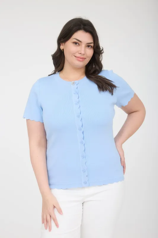 PLUS SCALLOPED SHORT SLEEVE BUTTON DOWN CARDIGAN sold by Blu Pepper