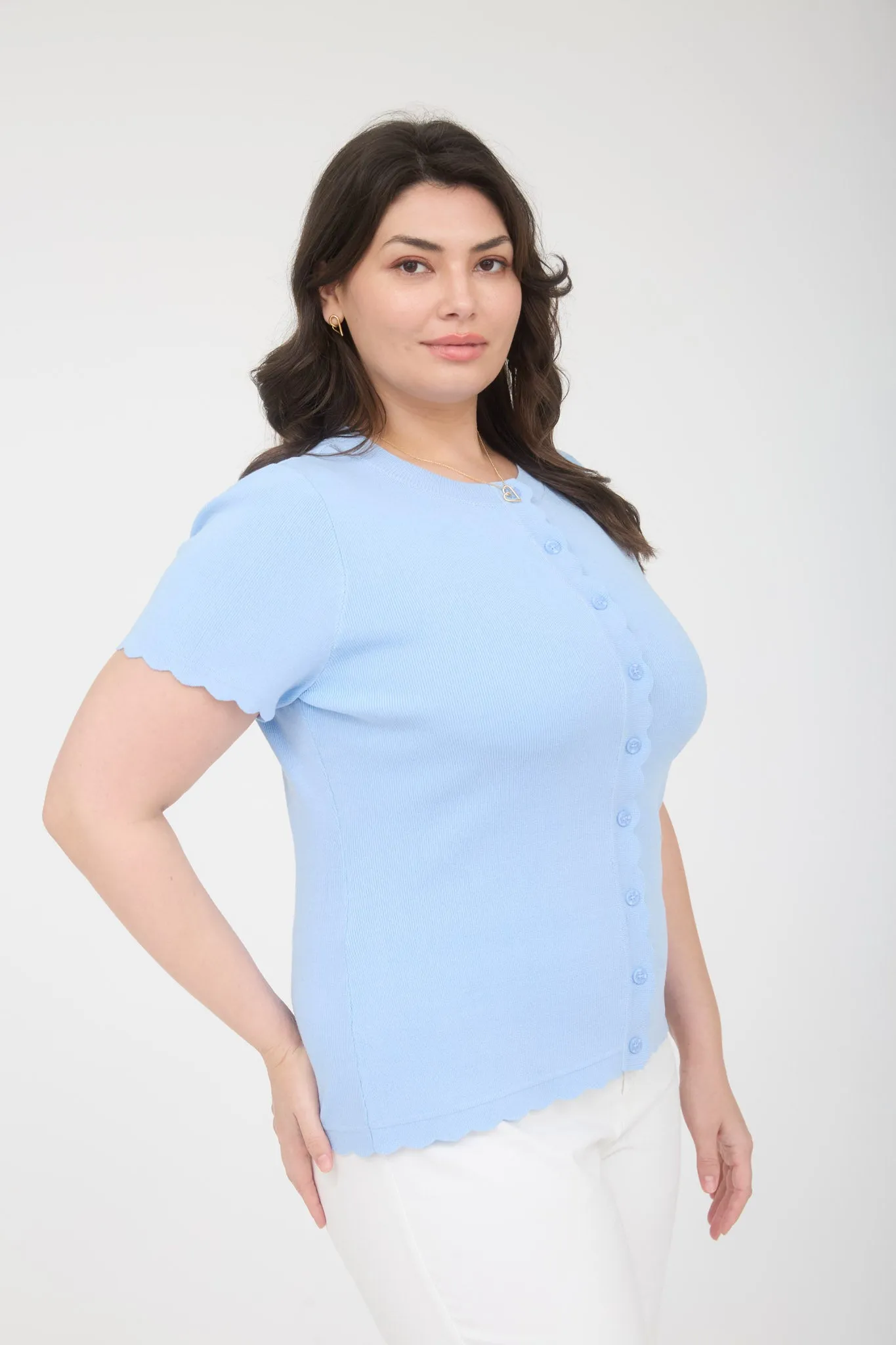 PLUS SCALLOPED SHORT SLEEVE BUTTON DOWN CARDIGAN sold by Blu Pepper product image thumbnail 3