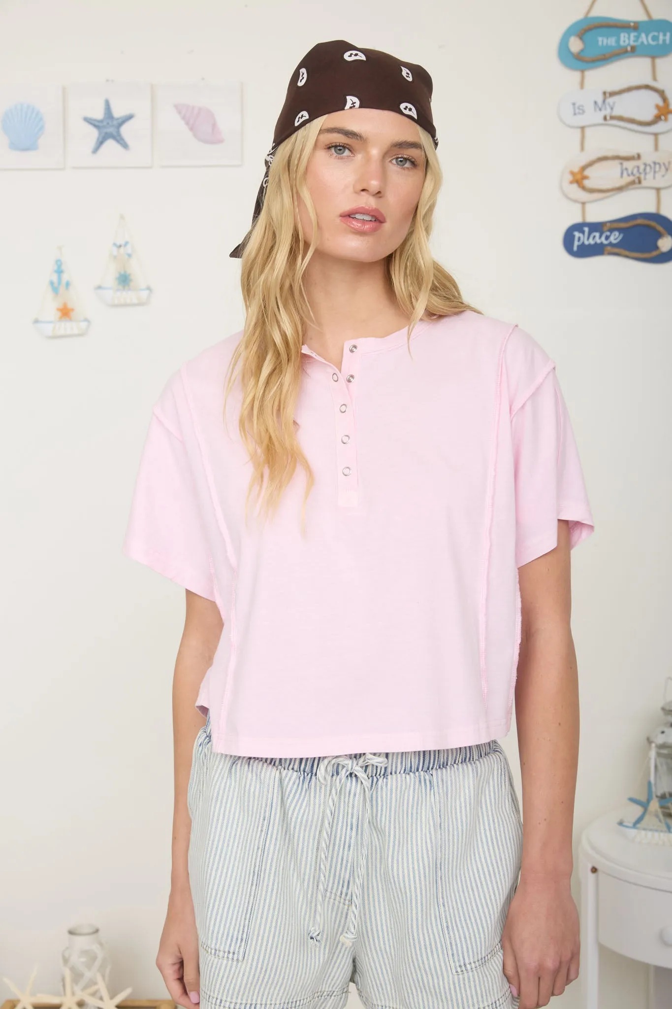 BOXY FIT HENLEY SHORT SLEEVE KNIT TOP sold by Blu Pepper product image thumbnail 4