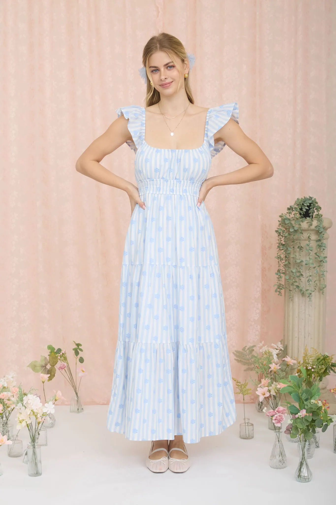 STRIPE FLORAL FLOUNCE STRAP TIERED MIDI DRESS sold by Blu Pepper product image thumbnail 5