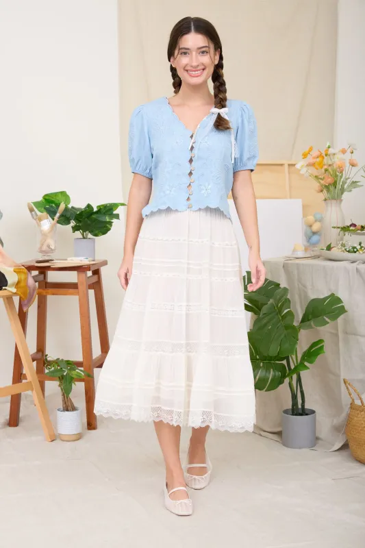 SCALLOP TRIM  PUFF SLEEVE EMBROIDERED CHAMBRAY TOP (PRE-ORDER) made by Blu Pepper