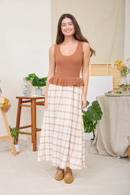 KNIT PEPLUM PLAID SKIRT SLEEVELESS MIDI DRESS sold by Blu Pepper