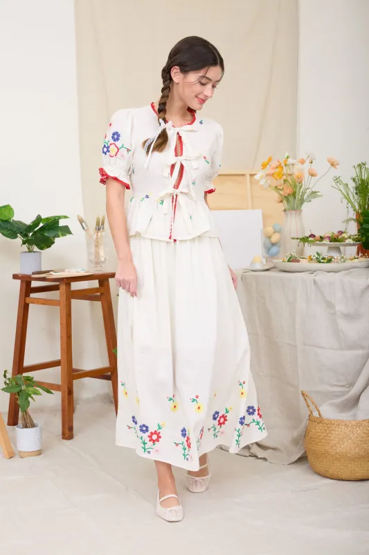 EMBROIDERED FLORAL ELASTIC WAIST MIDI SKIRT made by Blu Pepper