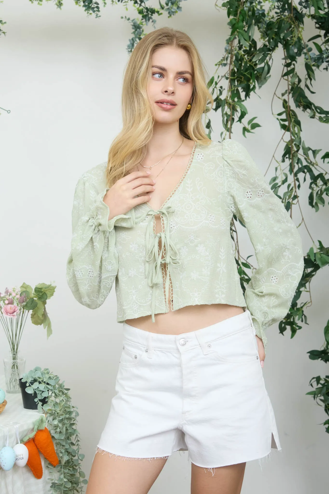 EMBROIDERED PATTERN LONG SLEEVE FRONT TIE CROP TOP sold by Blu Pepper product image thumbnail 5