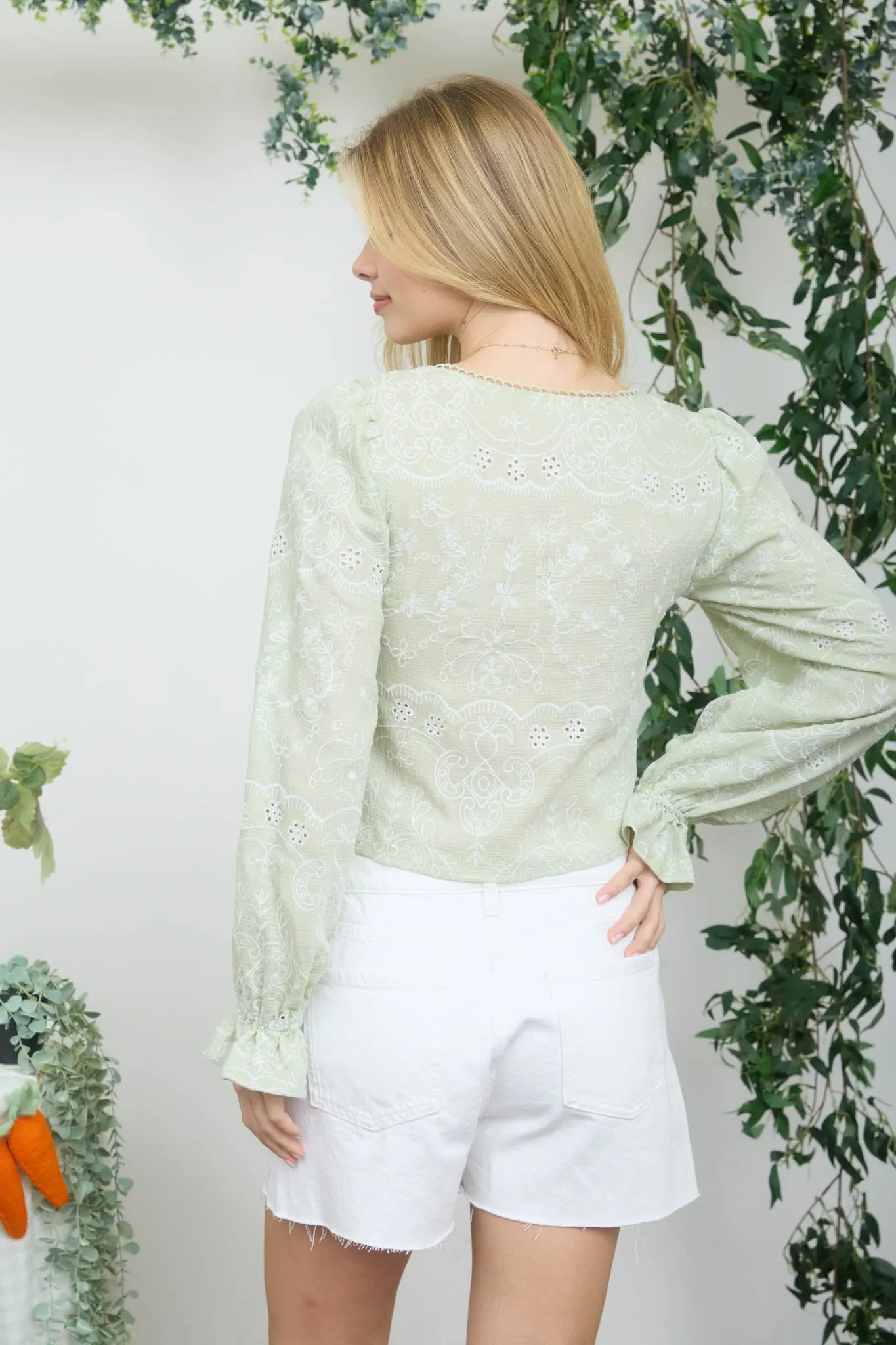 EMBROIDERED PATTERN LONG SLEEVE FRONT TIE CROP TOP sold by Blu Pepper product image thumbnail 2