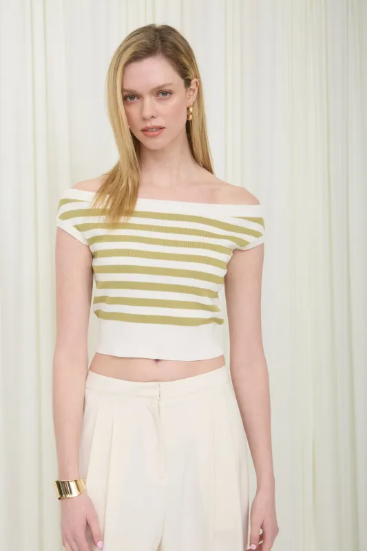STRIPE BOAT NECK SHORT SLEEVE CROPPED KNIT SWEATER sold by Blu Pepper