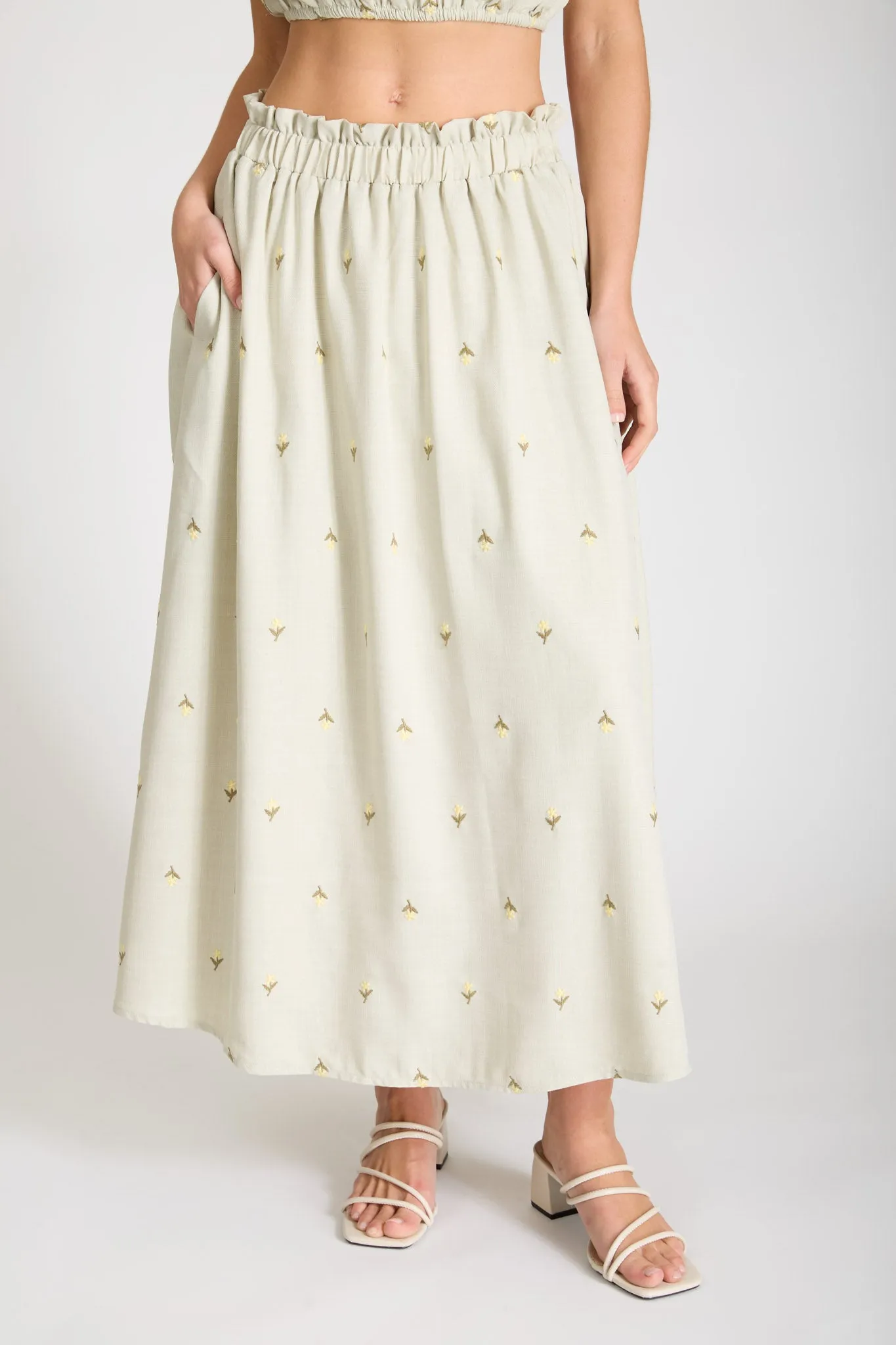 EMBROIDERED FLORAL RUFFLE WAIST MIDI SKIRT sold by Blu Pepper product image thumbnail 4