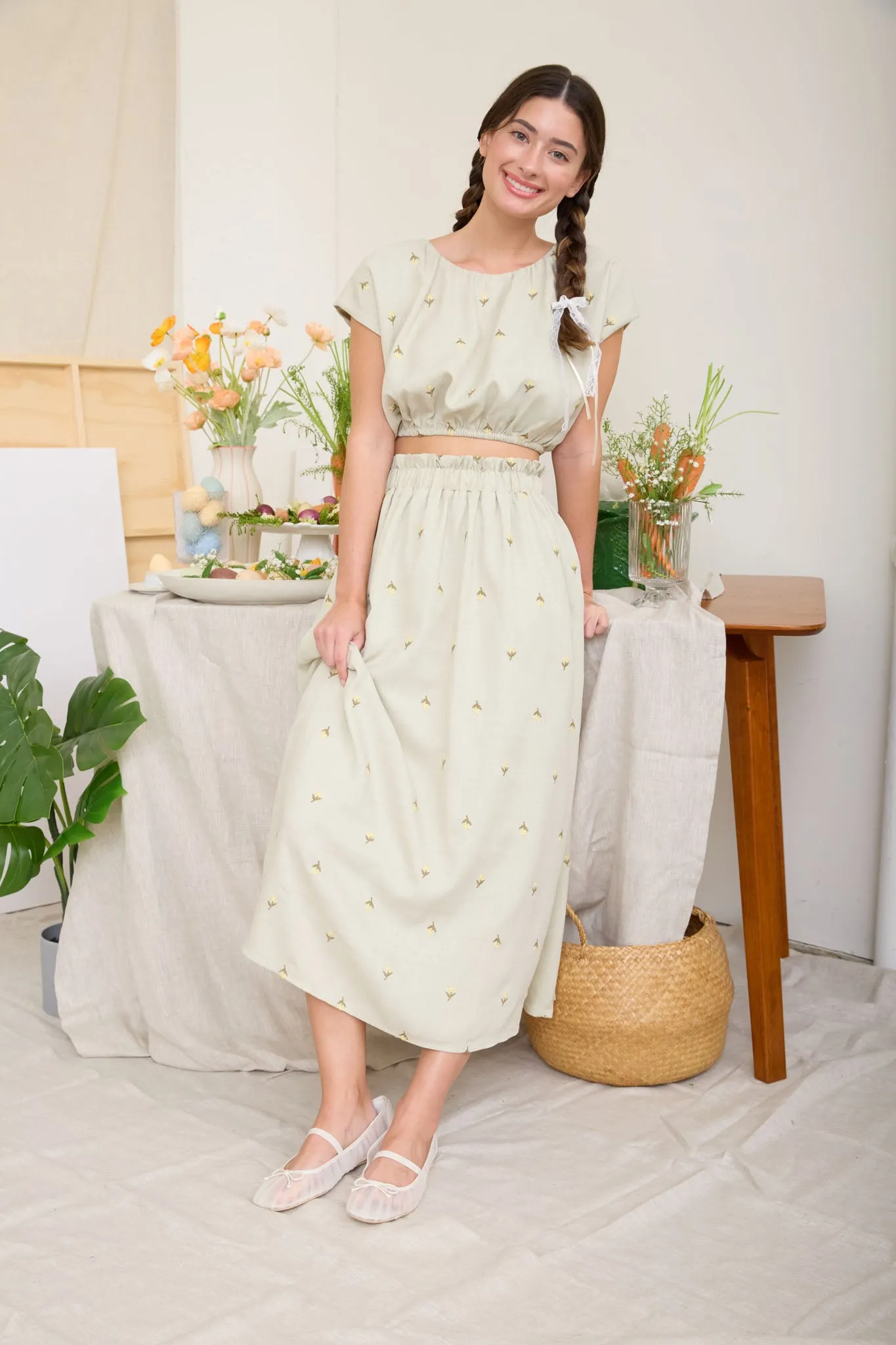 EMBROIDERED FLORAL RUFFLE WAIST MIDI SKIRT sold by Blu Pepper product image thumbnail 5