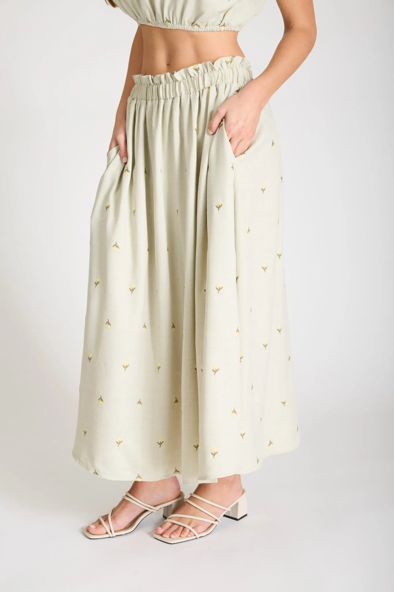 EMBROIDERED FLORAL RUFFLE WAIST MIDI SKIRT sold by Blu Pepper product image thumbnail 3