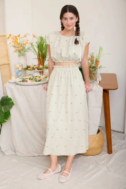 EMBROIDERED FLORAL RUFFLE WAIST MIDI SKIRT made by Blu Pepper