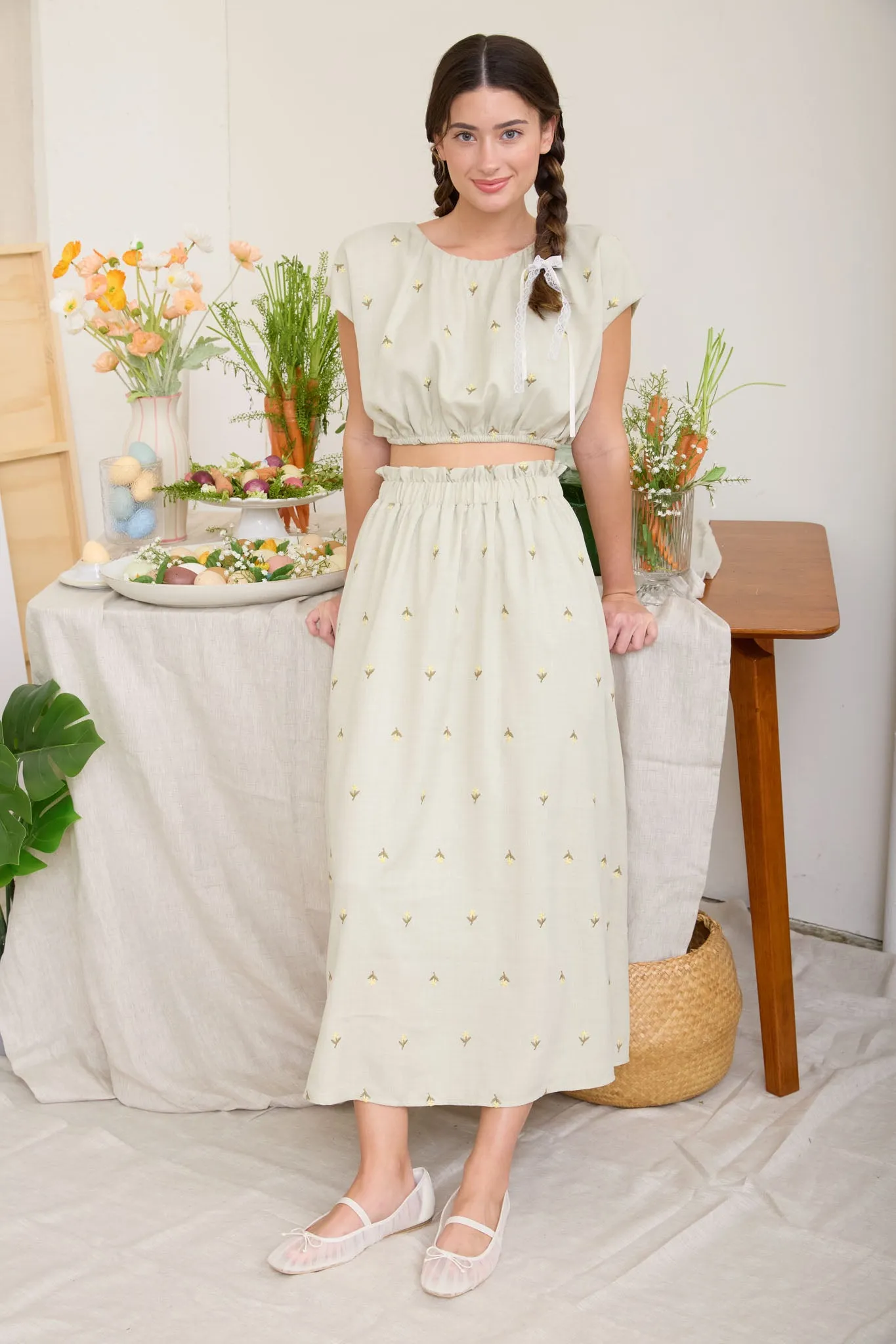 EMBROIDERED FLORAL RUFFLE WAIST MIDI SKIRT sold by Blu Pepper