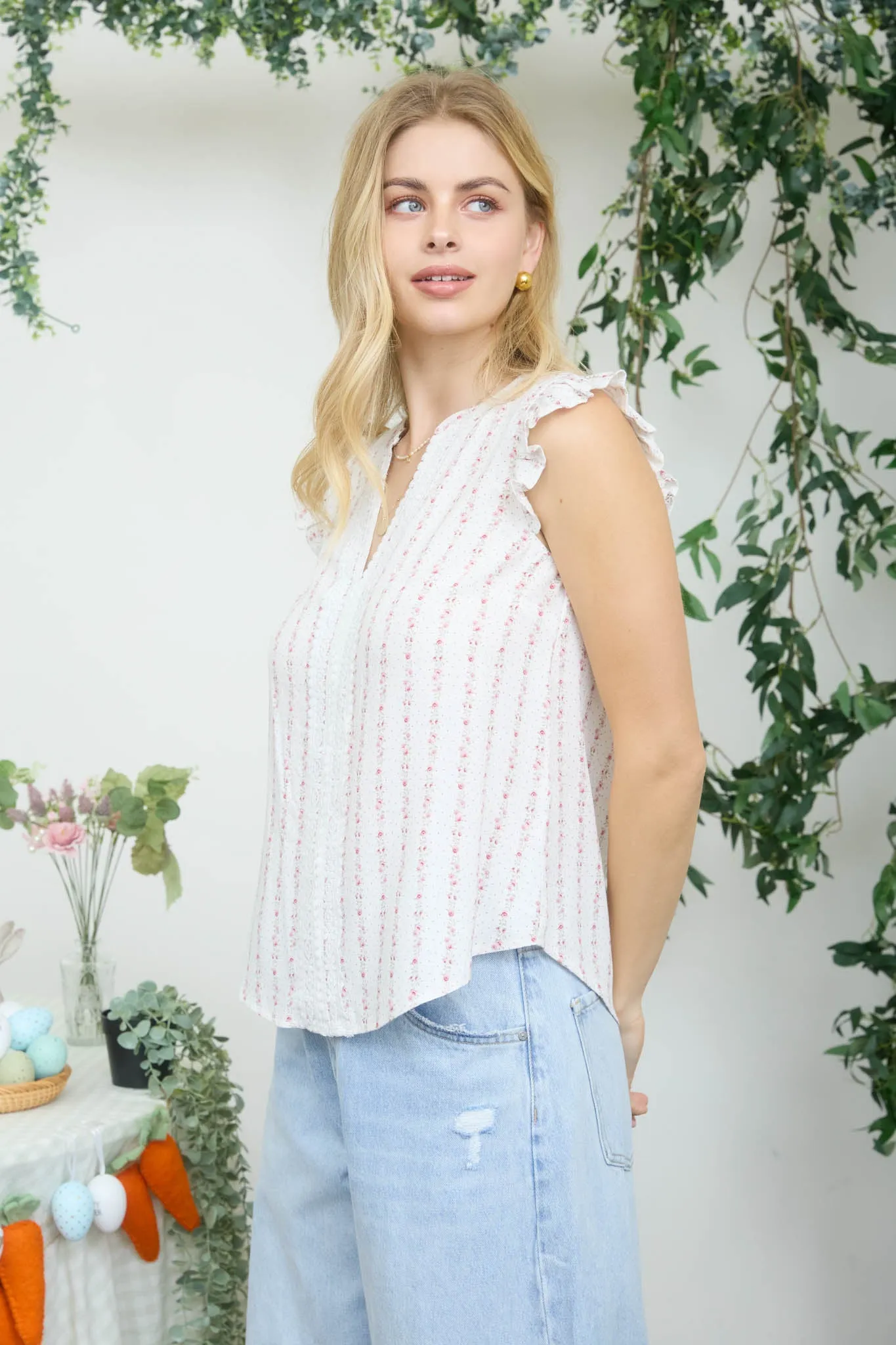 STRIPE FLORAL GARLAND PATTERN RUFFLE SLEEVE TOP (PRE-ORDER) sold by Blu Pepper product image thumbnail 3