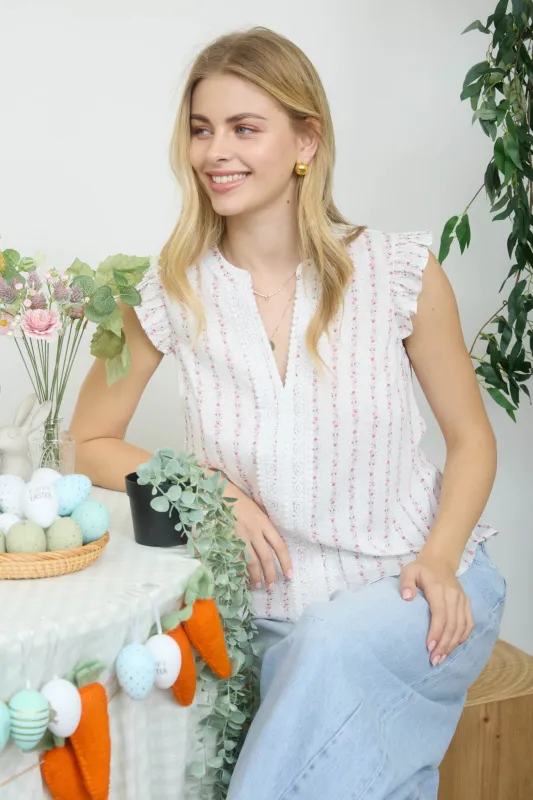 STRIPE FLORAL GARLAND PATTERN RUFFLE SLEEVE TOP (PRE-ORDER) sold by Blu Pepper