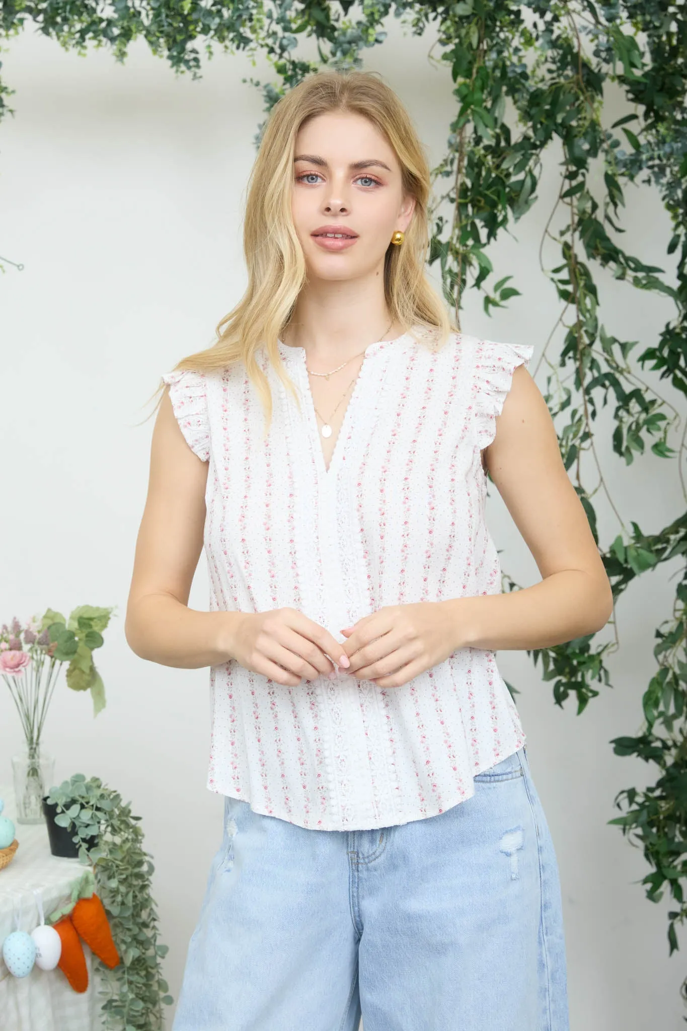 STRIPE FLORAL GARLAND PATTERN RUFFLE SLEEVE TOP (PRE-ORDER) sold by Blu Pepper product image thumbnail 4
