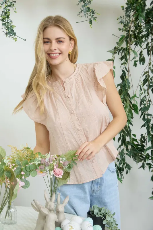 FLUTTER SLEEVE BUTTON DOWN EMBROIDERED TOP sold by Blu Pepper
