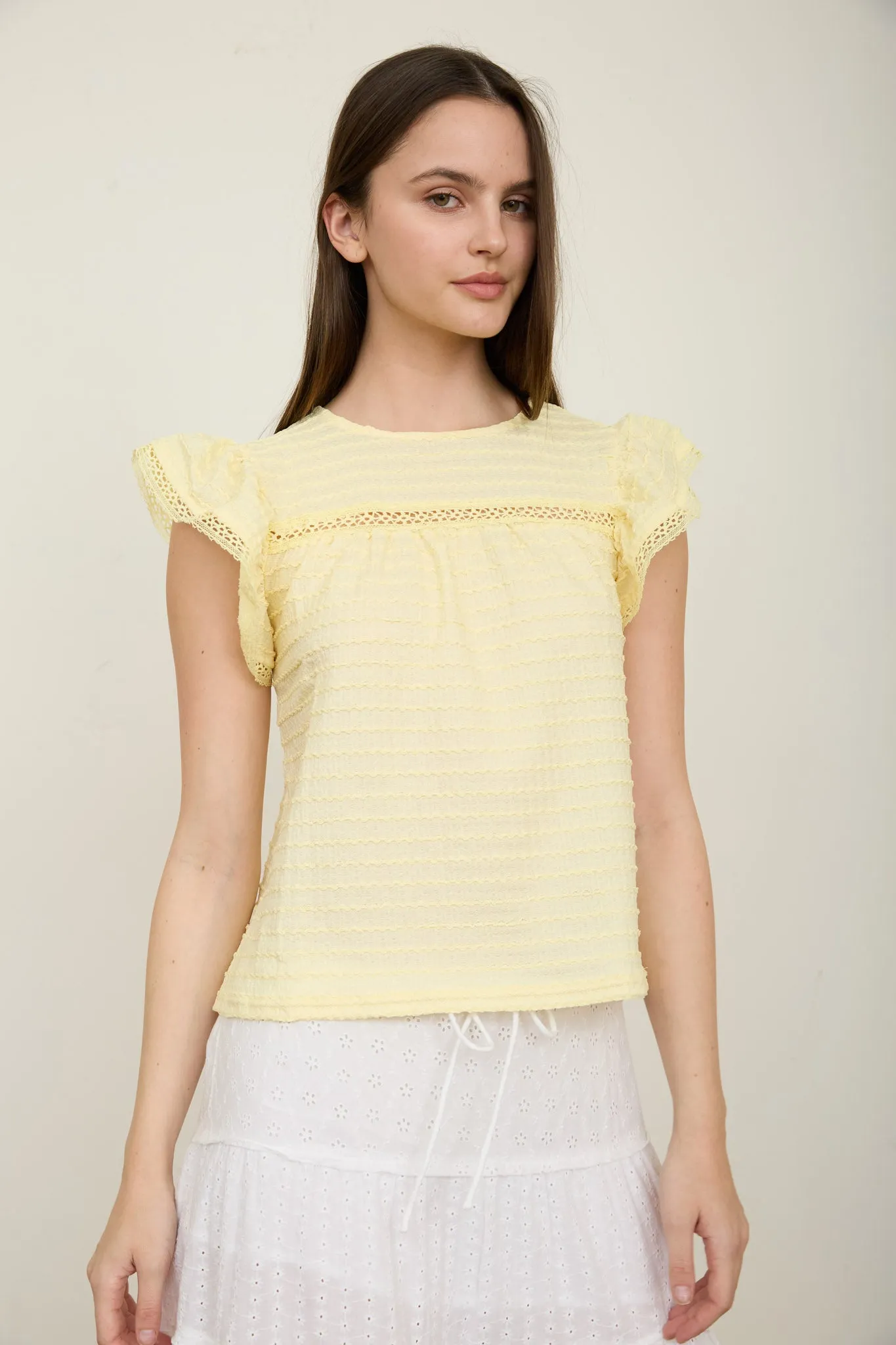 TEXTURED RUFFLE SLEEVE LINE LACE DETAIL TOP sold by Blu Pepper product image thumbnail 3