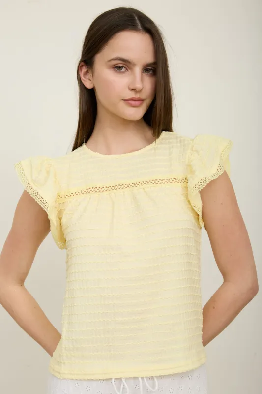 TEXTURED RUFFLE SLEEVE LINE LACE DETAIL TOP sold by Blu Pepper