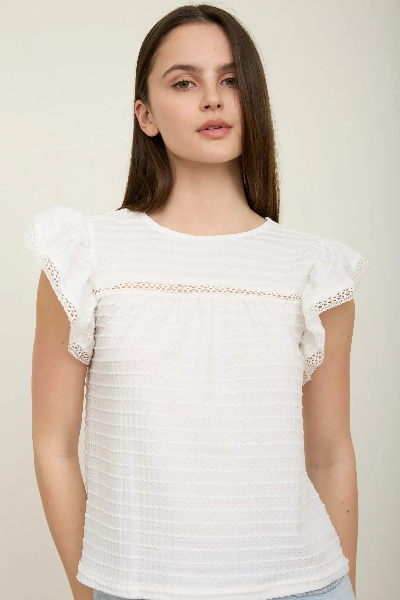 TEXTURED RUFFLE SLEEVE LINE LACE DETAIL TOP sold by Blu Pepper product image thumbnail 5