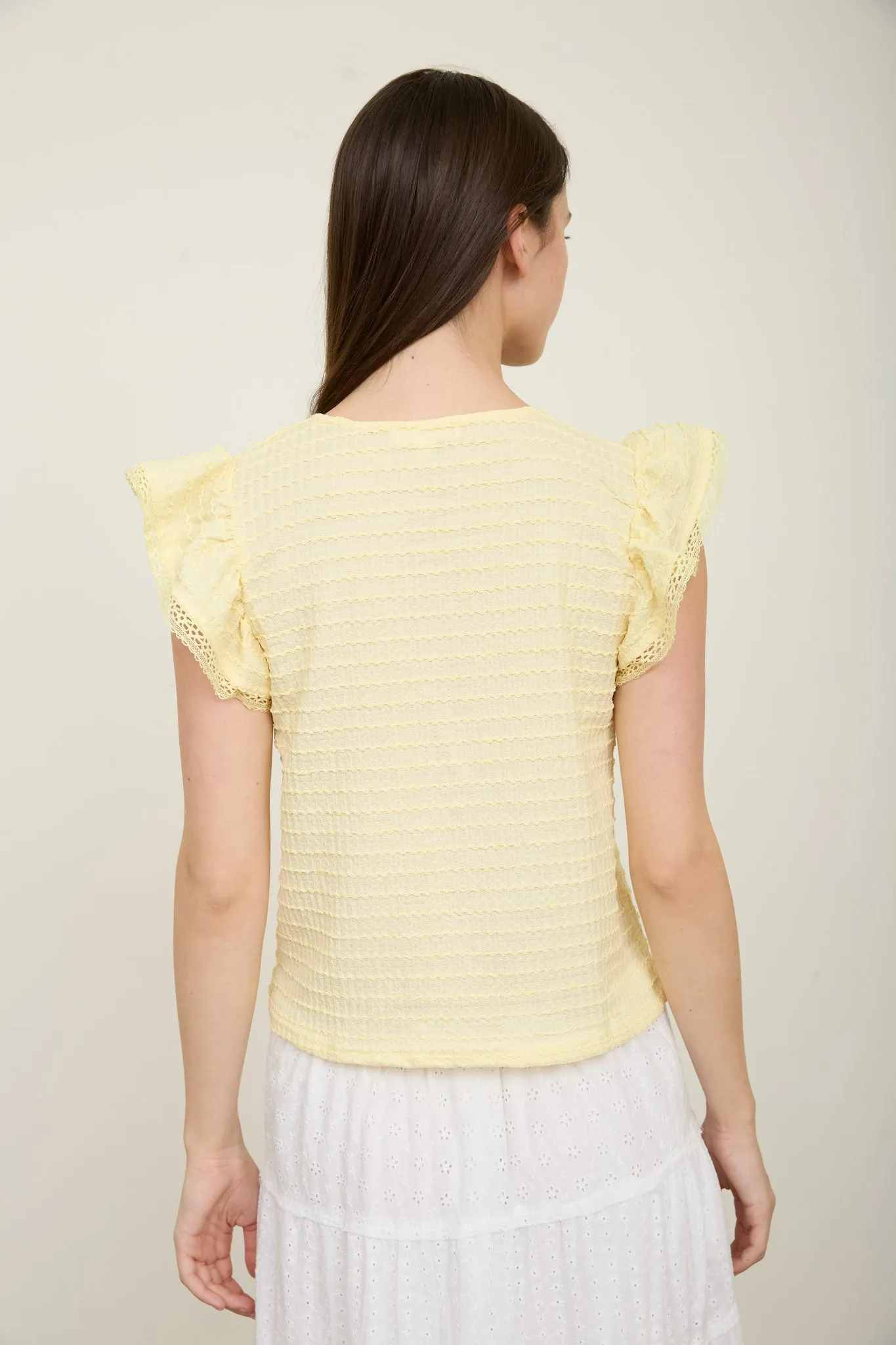 TEXTURED RUFFLE SLEEVE LINE LACE DETAIL TOP sold by Blu Pepper product image thumbnail 2