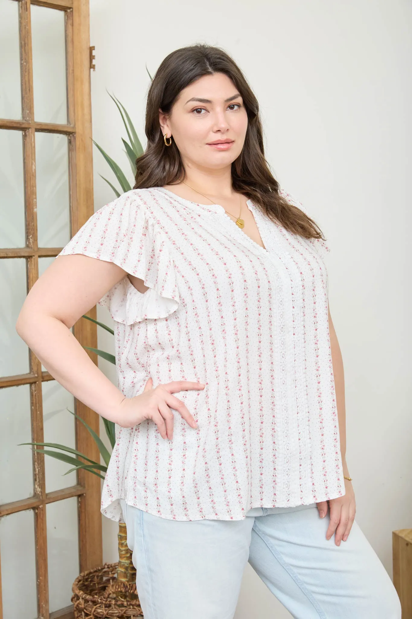 PLUS STRIPE FLORAL GARLAND RUFFLE SLEEVE TOP (PRE-ORDER) sold by Blu Pepper product image thumbnail 3