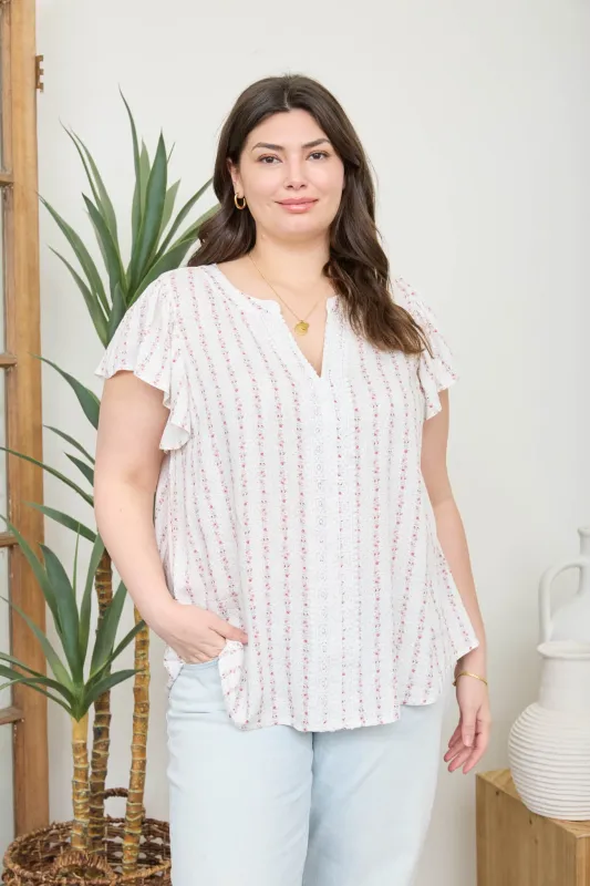 PLUS STRIPE FLORAL GARLAND RUFFLE SLEEVE TOP (PRE-ORDER) sold by Blu Pepper