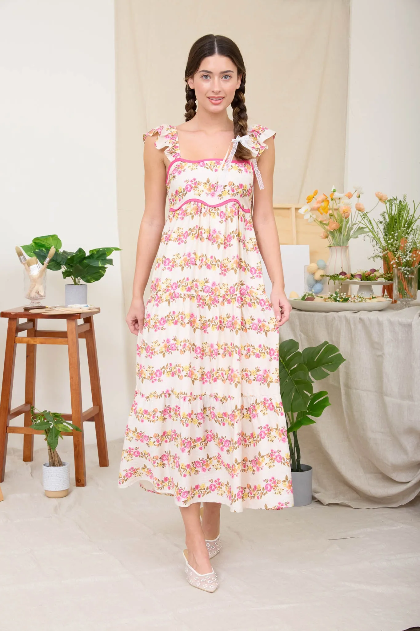 WAVY FLORA PATTERN SLEEVELESS TIERED MIDI DRESS sold by Blu Pepper product image thumbnail 4