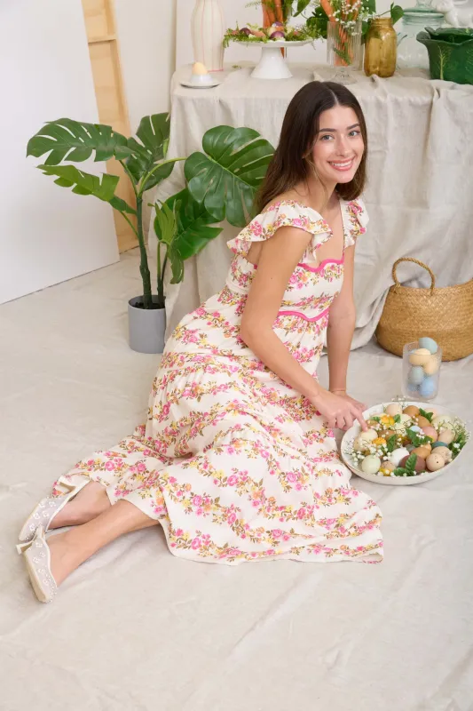 WAVY FLORA PATTERN SLEEVELESS TIERED MIDI DRESS made by Blu Pepper