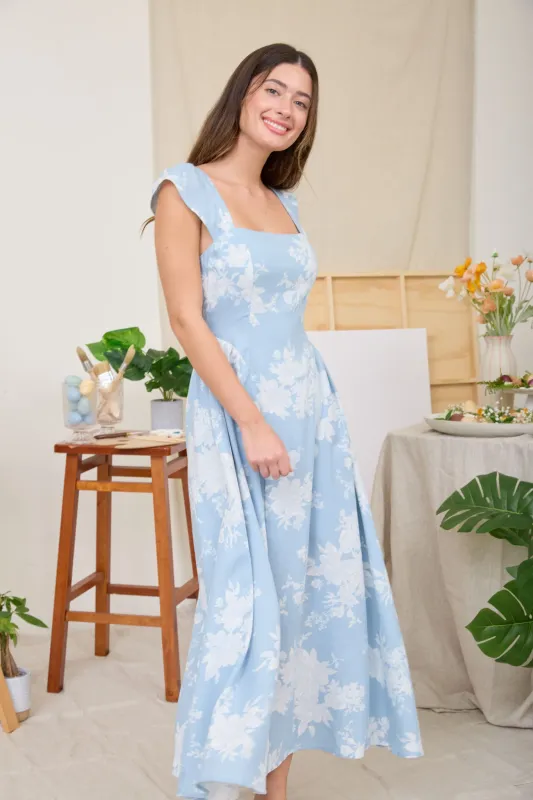 FLORAL SQUARE NECK BELL SLEEVE MIDI DRESS sold by Blu Pepper