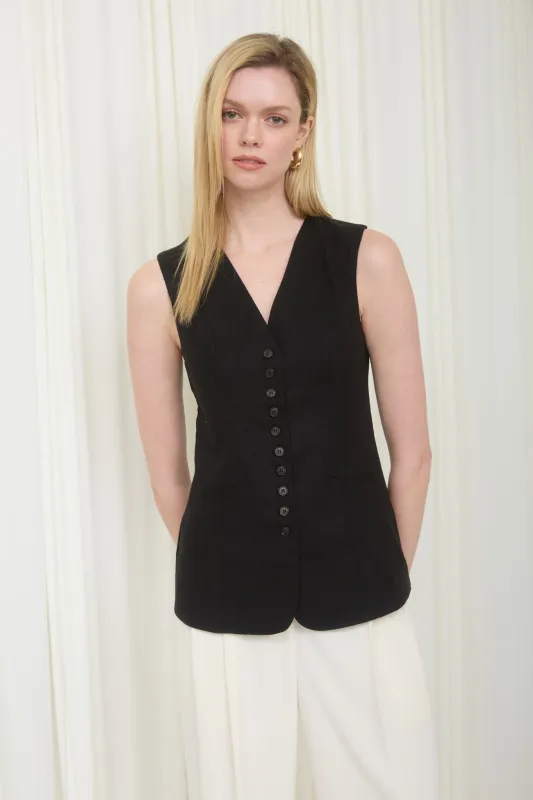 V NECK BUTTON DOWN LONGLINE LINEN VEST made by Blu Pepper