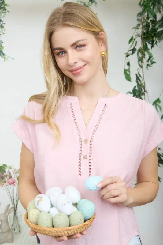 HALF BUTTON LICE LACE TRIM SHORT SLEEVE TOP made by mine