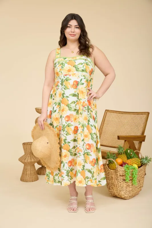 PLUS FLORAL & FRUIT PATTERN SLEEVELESS MIDI DRESS (PRE-ORDER) sold by Blu Pepper